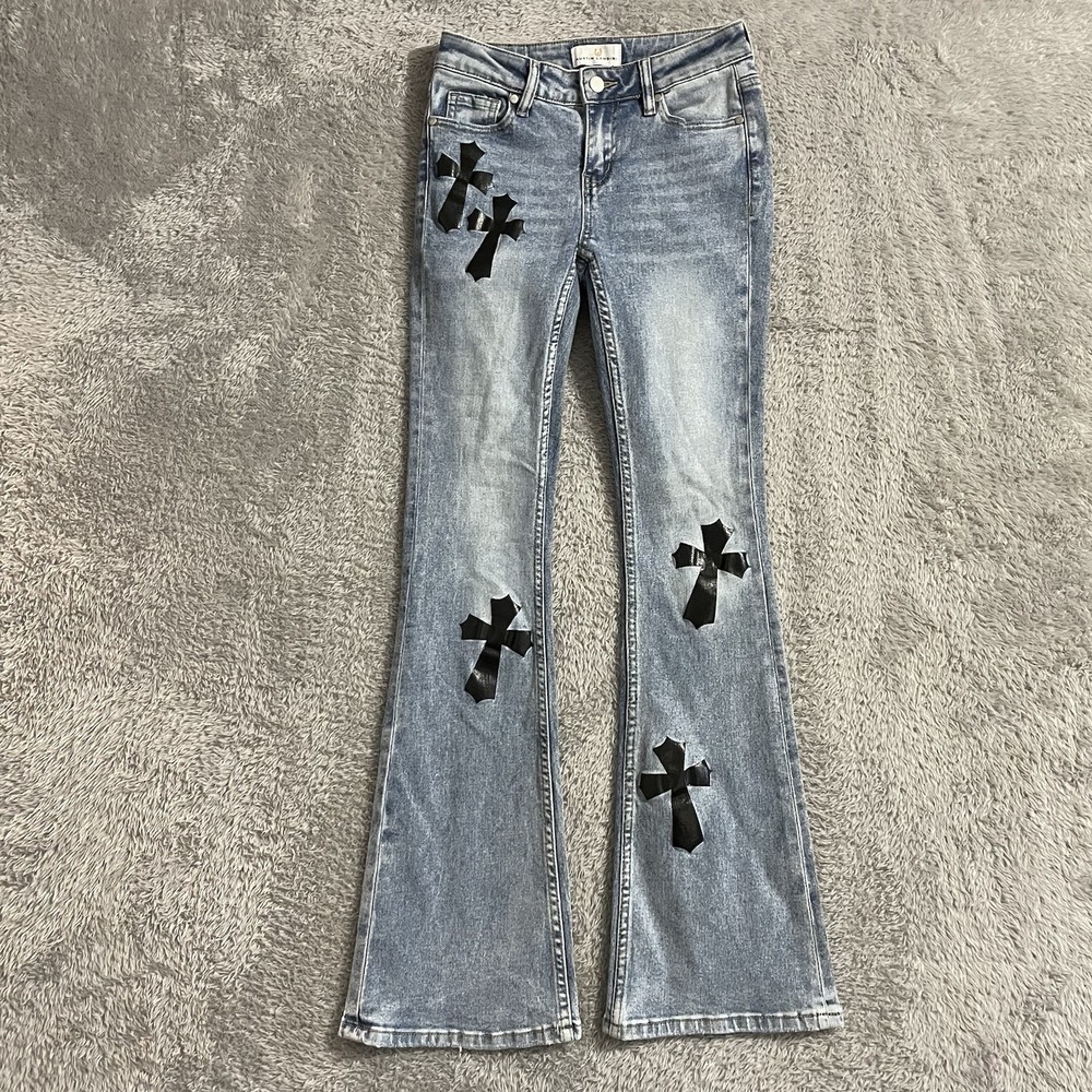 Austin Landing Jeans Juniors Size 1 Bootcut Cross Design Light Wash Blue Denim